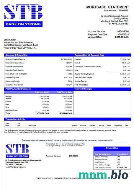 Laos Bank ST wyciąg z kredytu hipotecznego szablon Word i PDF